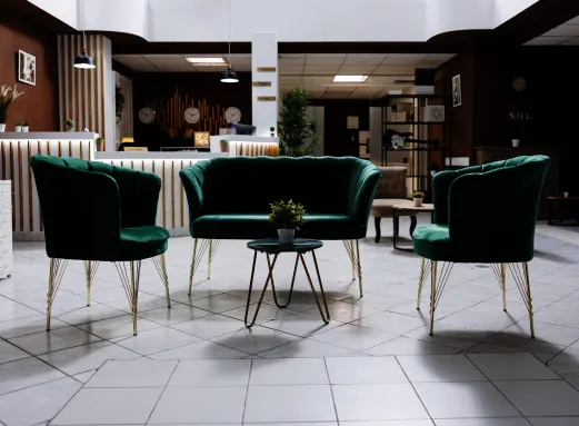 A high-end corporate lounge and reception area, showcasing the professional environment of a top-tier Procurement Company in California.