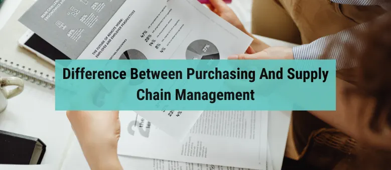 Professionals reviewing printed business reports and data charts in a bright office setting and studying the difference between purchasing and supply chain management.