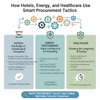 Smart procurement in Hotels, Energy, and Healthcare, highlighting cost avoidance vs cost savings through strategic sourcing and risk mitigation.