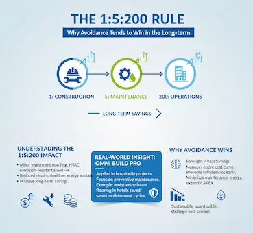 Illustrating the 1:5:200 rule for Cost Avoidance vs Cost Reduction, showing how initial construction investments minimize long-term maintenance and operational expenses.