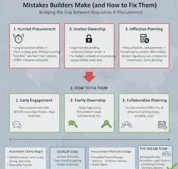 Mistakes Builders Make" outlining how to bridge the gap between procurement and acquisition through early engagement, ownership clarity, and collaborative planning.