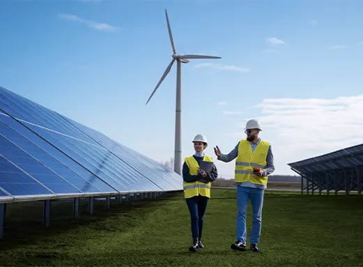 Solar panel installation and wind turbines representing sustainable energy solutions and green-tech sourcing from a Top Procurement Consulting Firm in New Jersey.