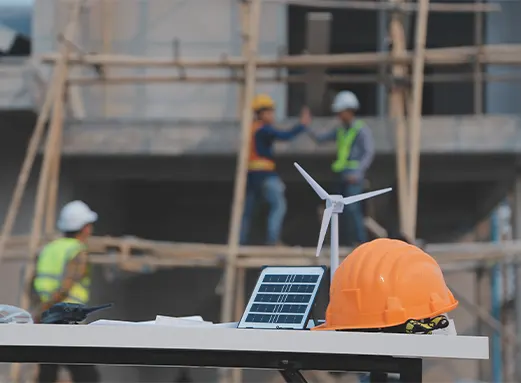 Close-up of a safety helmet, solar panel model, and wind turbine on a desk with a blurred construction site, showing sustainable energy procurement services in New York.