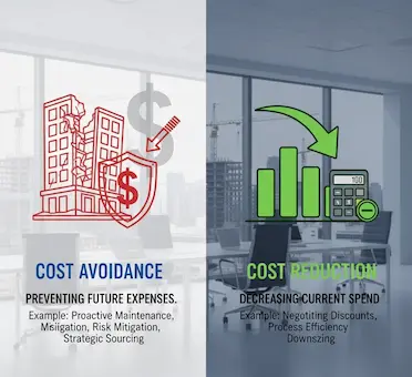 Cost Avoidance vs Cost Reduction with blue and green arrows, a protective gold shield, and a city skyline background.
