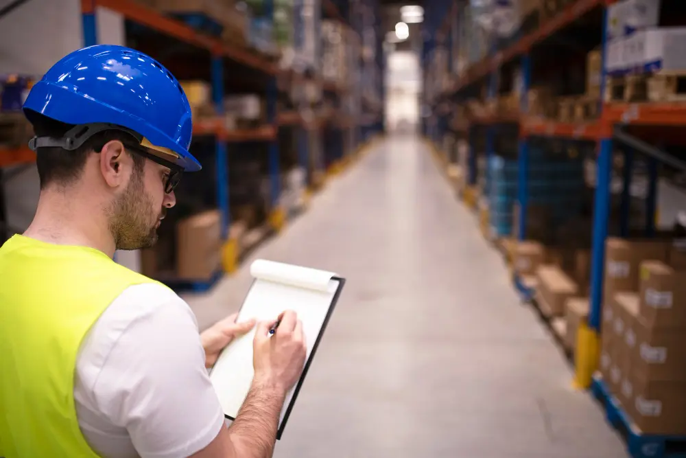 A worker writing on a clipboard in a warehouse setting, illustrating the supply chain and fulfillment phase of a comprehensive Project Procurement Management Plan.