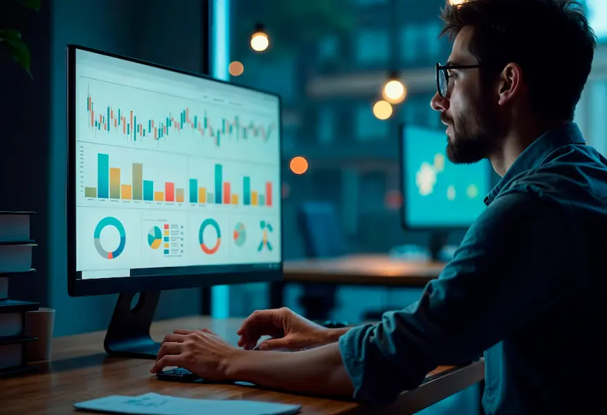 A focused data analyst reviewing visual charts and metrics as part of a Project Procurement Management Plan, illustrating real-time performance tracking and budget monitoring.