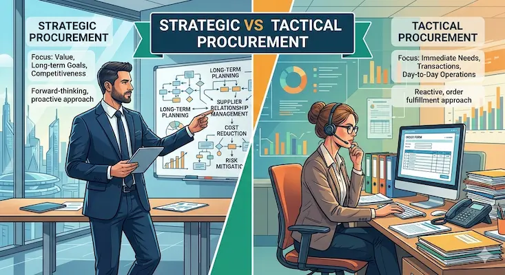 Strategic vs Tactical Procurement. The left side shows a professional presenting a flowchart focused on long-term planning and supplier relationships. The right side shows an office worker managing immediate transactions, order forms, and day-to-day operations.