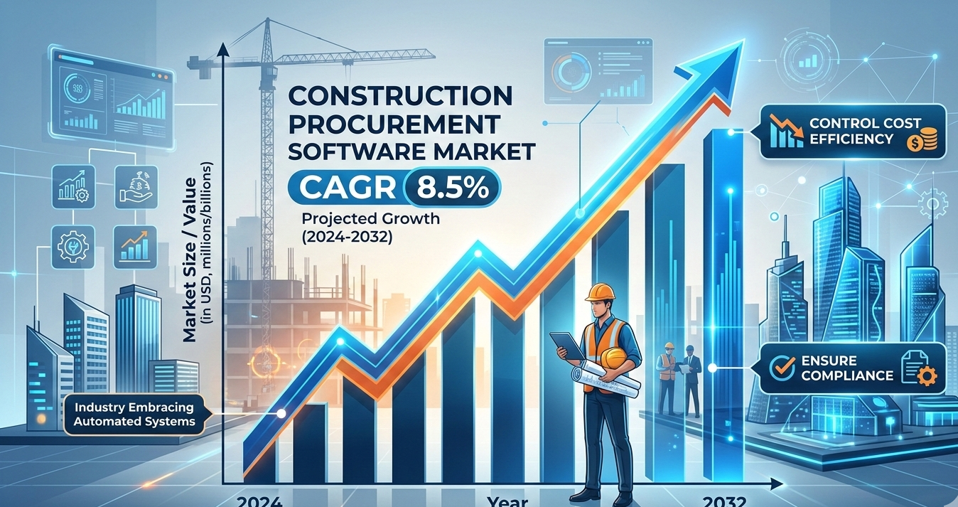 Market growth chart for construction procurement software featuring a rising trend line and benefits of a digital procure to pay workflow, including cost control and automated systems.