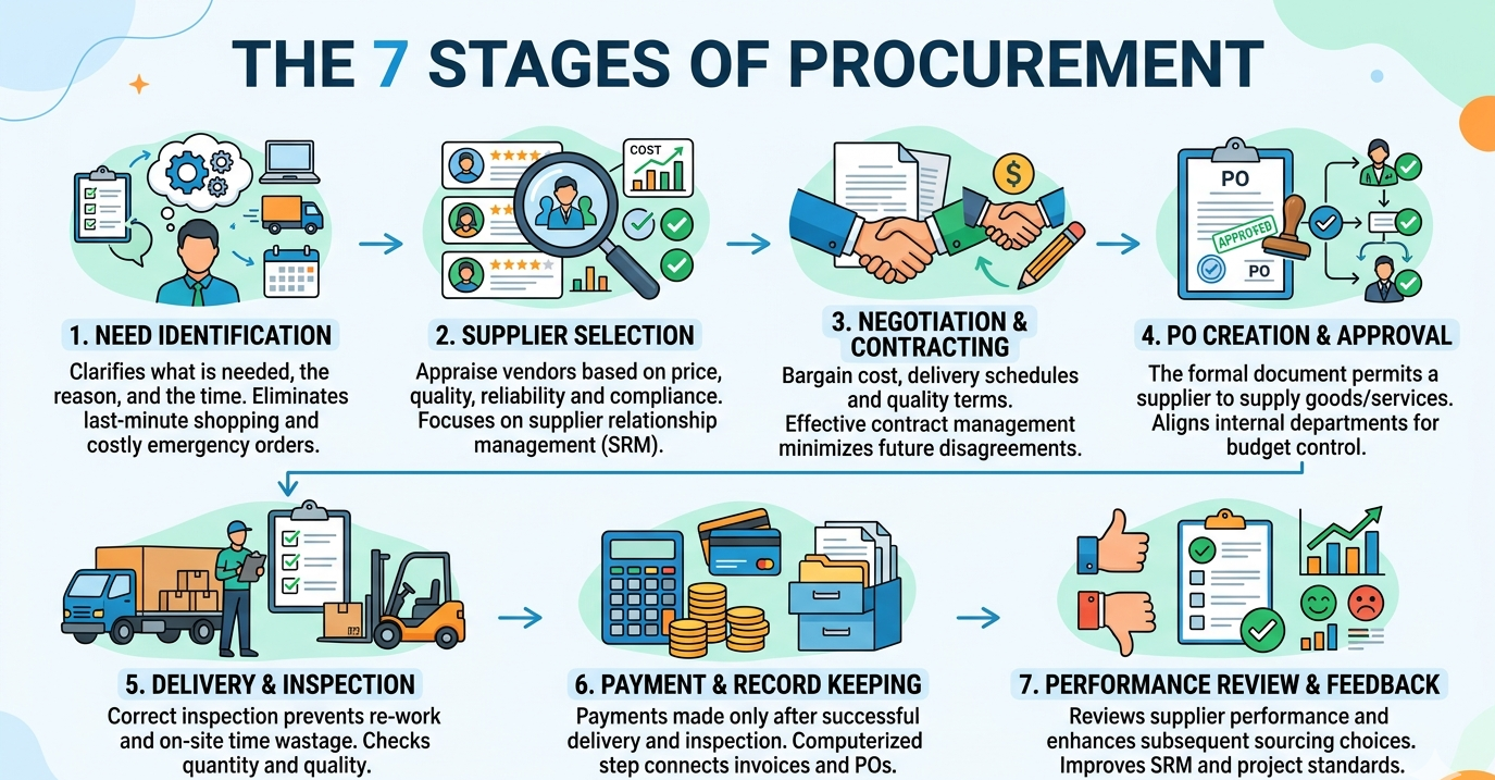 A step-by-step flowchart showing the 7 stages of Procurement in Supply Chain Management, from identifying needs and selecting suppliers to delivery inspection and final performance reviews.