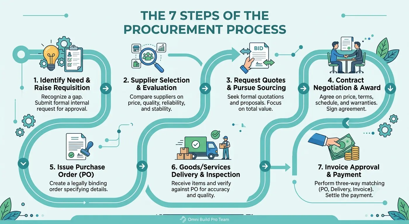 Infographic illustrating the 7 steps of the procurement process, from identifying needs and supplier selection to purchase orders, delivery, invoice approval, and payment.
