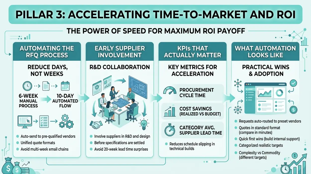 Infographic showing procurement automation strategies to reduce RFQ time, improve supplier collaboration, and increase ROI.