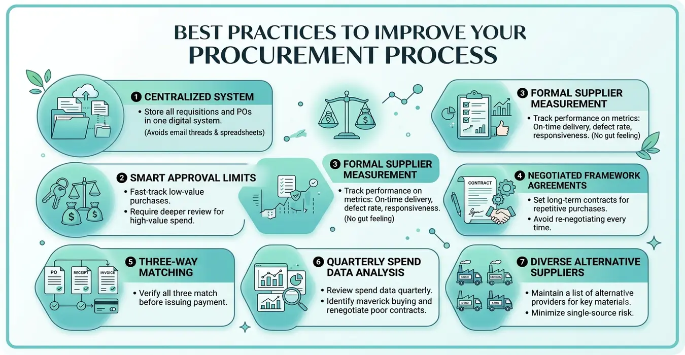 Procurement process best practices infographic with seven improvement strategies.