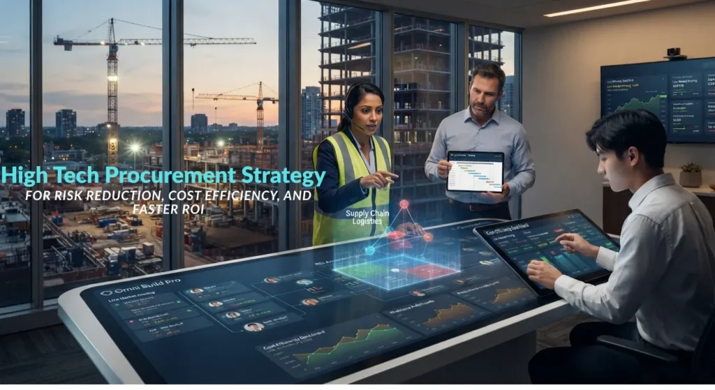 High-tech procurement team using digital dashboards to manage construction supply chain and project planning.