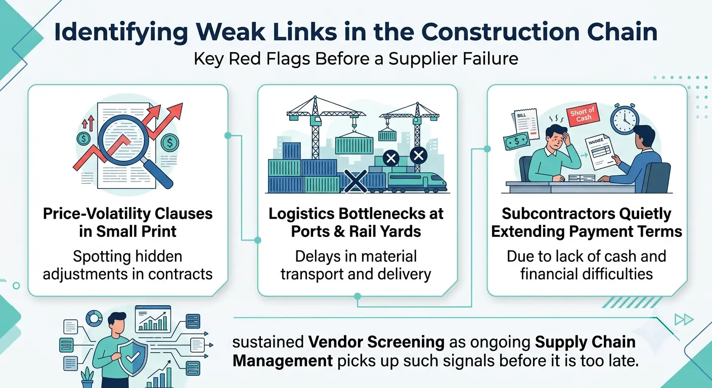 Construction supply chain infographic showing key supplier failure warning signs.