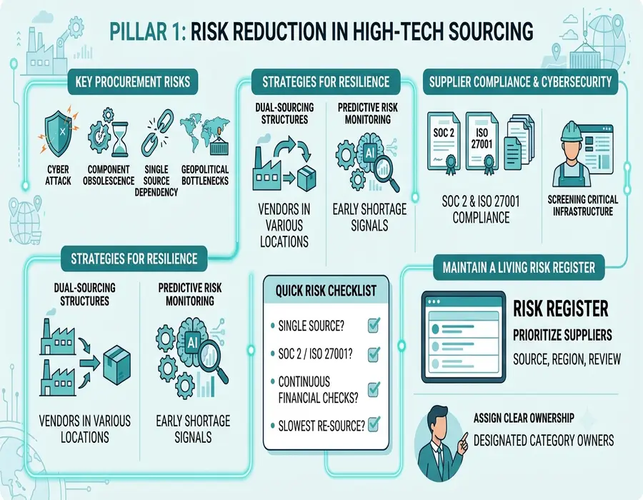 Infographic showing procurement risk reduction strategies, supplier compliance, and AI risk monitoring.