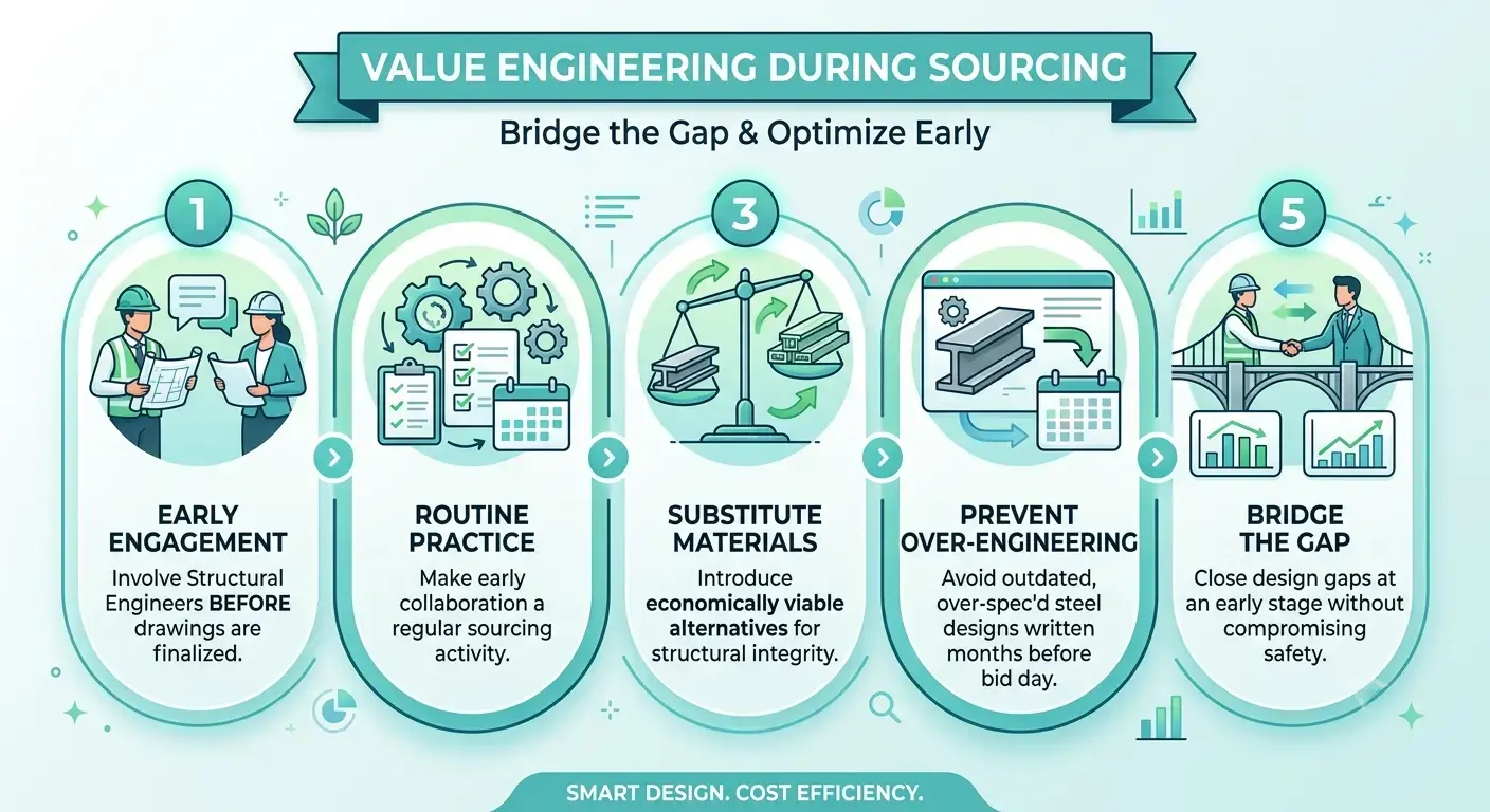 Infographic showing five value engineering steps during sourcing to reduce costs, optimize design, and improve construction efficiency.