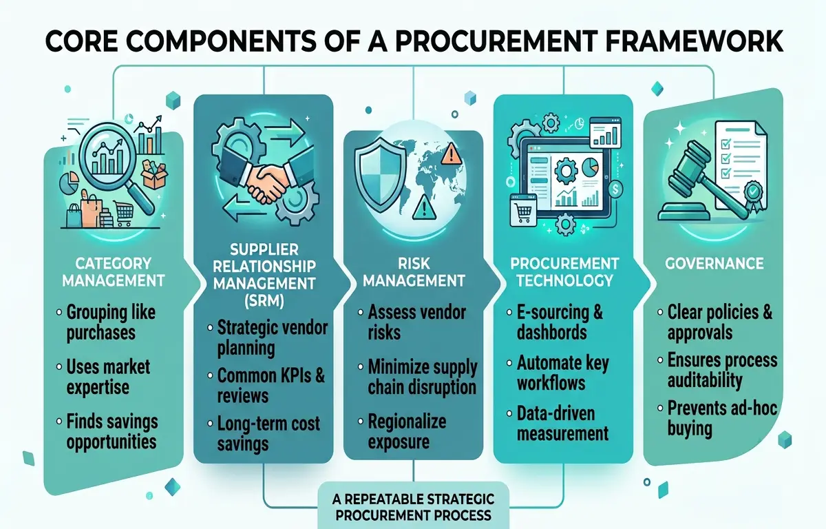 Core components of a procurement framework, including category management, supplier relationship management, risk management, procurement technology, and governance.
