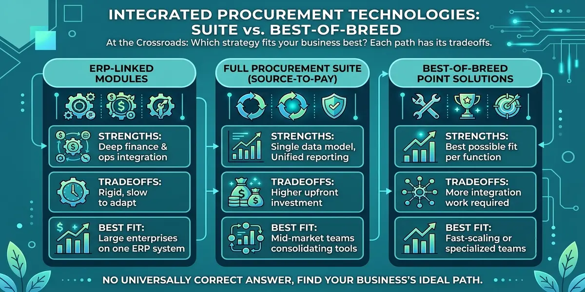 Integrated procurement technologies comparison showing ERP-linked modules, full procurement suite (source-to-pay), and best-of-breed point solutions with strengths, tradeoffs, and ideal business fit.