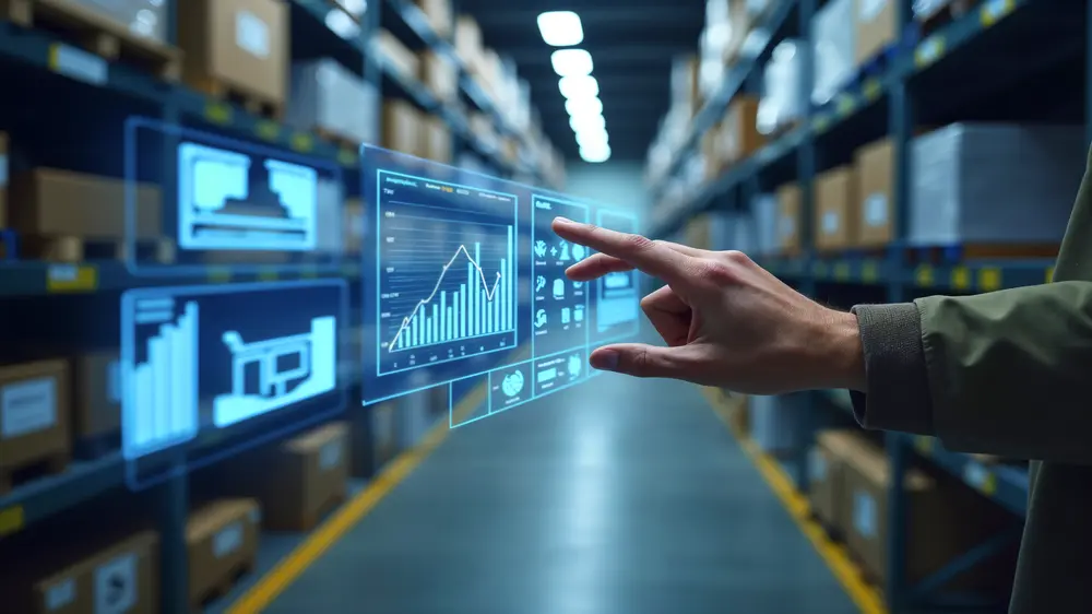 Hand interacting with a digital procurement dashboard in a warehouse for real-time inventory and supply chain management.