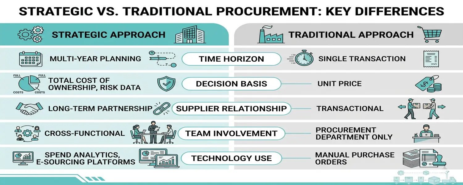 Strategic vs. traditional procurement showing key differences in planning, decision-making, supplier relationships, team involvement, and technology use.