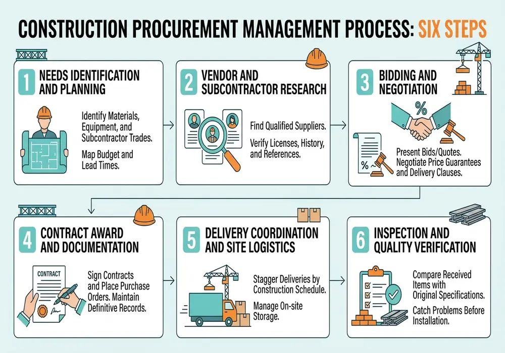 Construction procurement management process infographic showing six key steps from needs identification to quality inspection