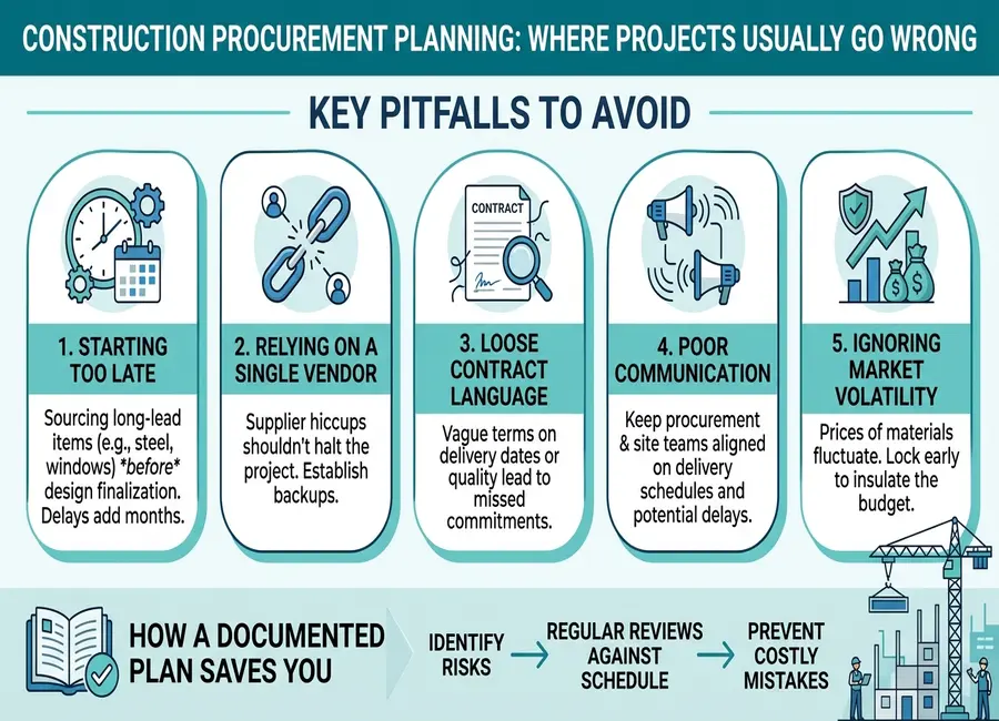 Construction procurement planning pitfalls, including late material sourcing, single vendor reliance, loose contract terms, poor communication, and market volatility.