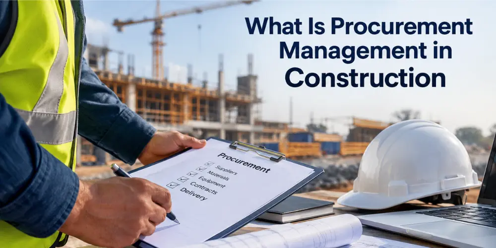 Construction professional reviewing procurement management plans at a construction site