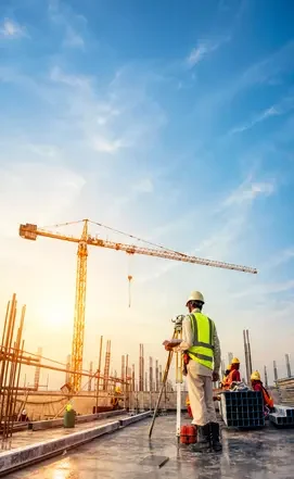 Construction site surveyor working with surveying equipment at a building project