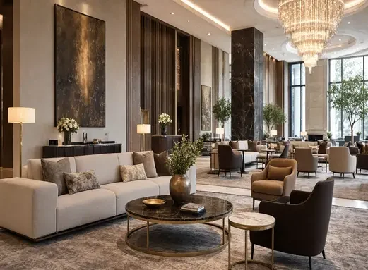Luxury hotel lobby interior with elegant seating, chandeliers, marble accents, and modern decor